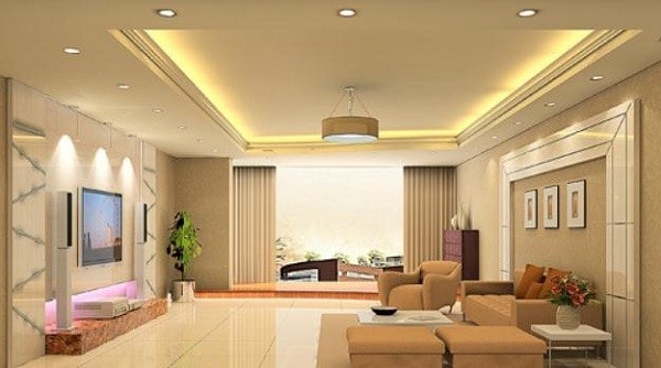 Đèn được chọn trang trí cho không gian phòng khách này với ánh sáng vàng, lắp đặt xung quanh trần nhà kết hợp với đèn led lắp ở khe trần nên mang lại ánh sáng vừa đủ cho căn phòng khách