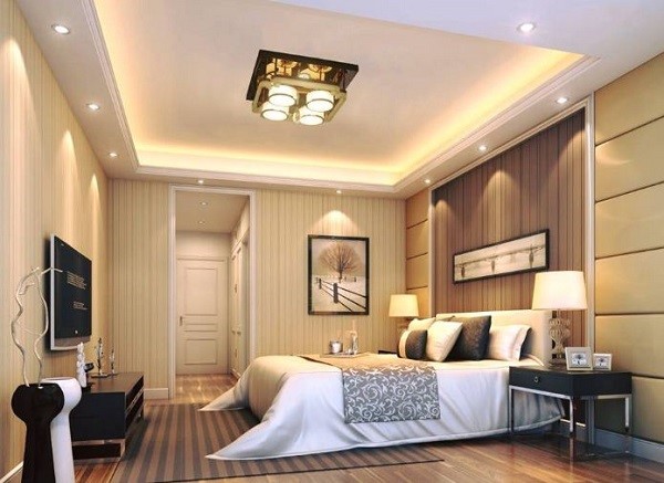 Không gian phòng ngủ hiện đại và sang trọng hơn nhờ vào sự lựa chọn khéo léo giữa đèn âm trần với đèn áp trần của chủ nhân ngôi nhà